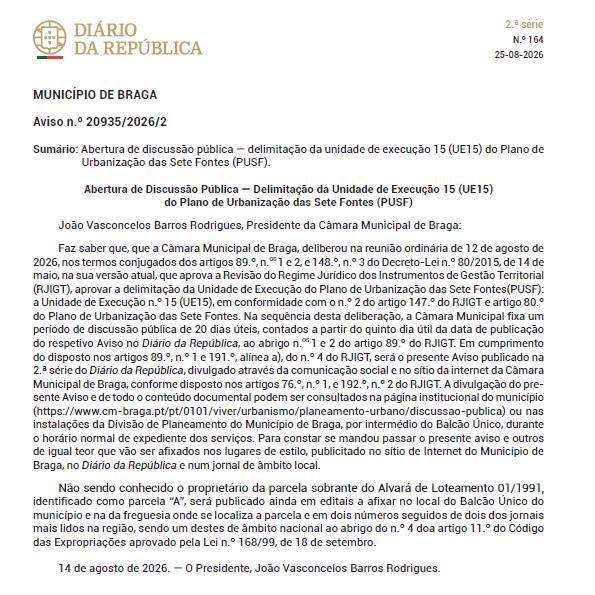 Abertura de Discussão Pública: UE15 PUSF